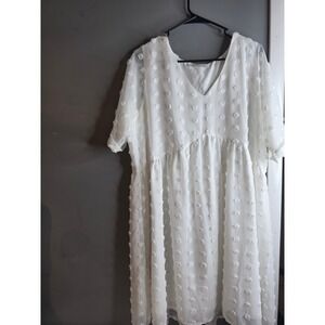 Kirundo White Swiss Dot Babydoll Dress V-Neck Short Sleeve XL